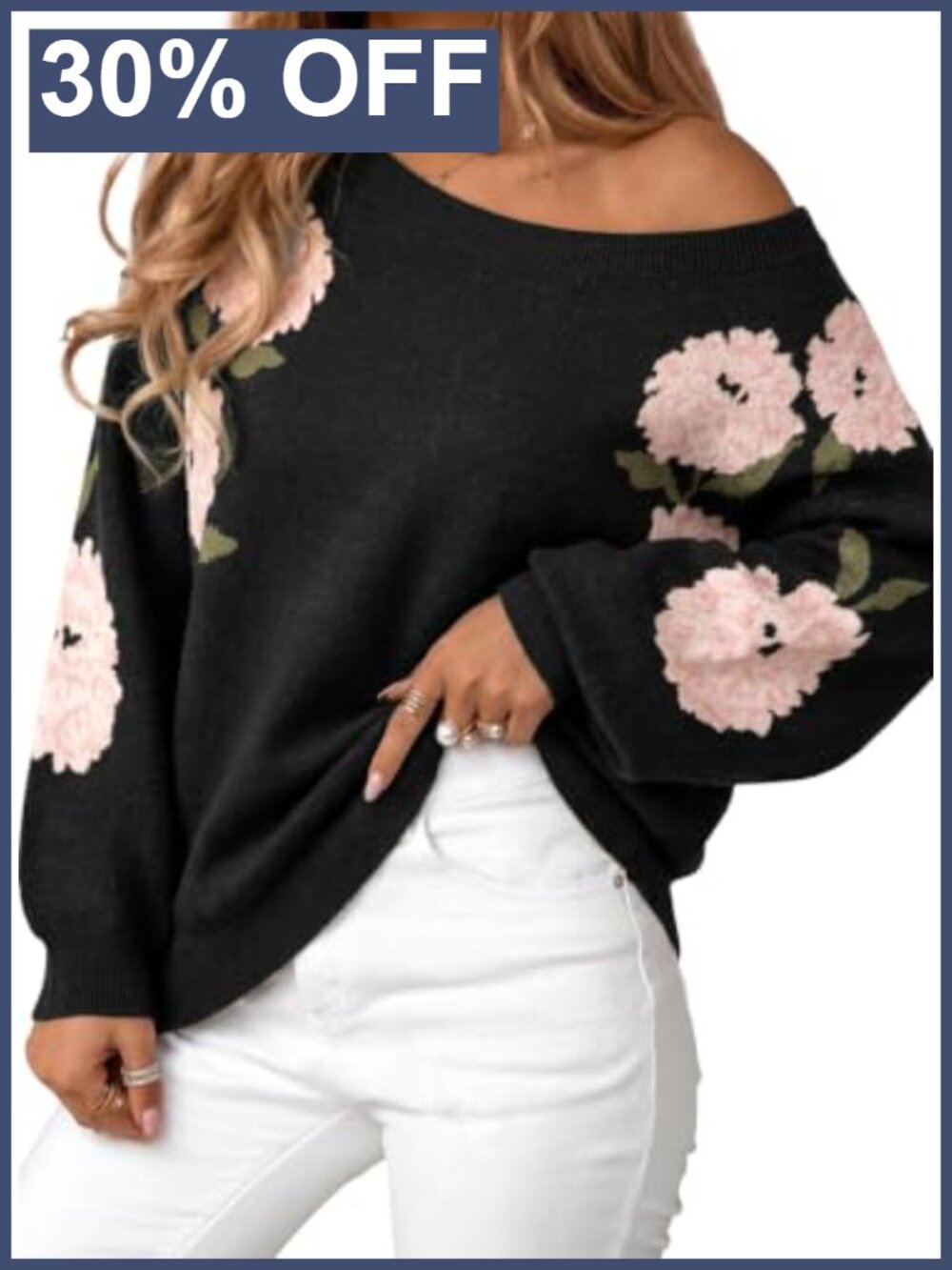 Womens Jacquard Knit Floral Sweater Loose Fit Crewneck Long Sleeve Pullover